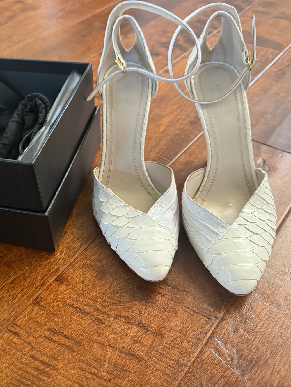 Celine White Scaled Pointed-Toe Ankle-Strap Heels